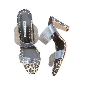 Manolo Blahnik High Heel Sandals Women's Size 9.5B Black Leopard Print Slip On
